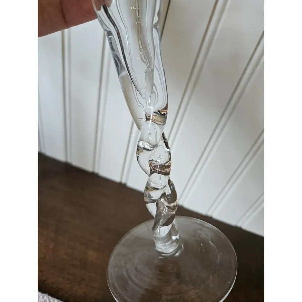 2 Vintage Glass Candlestick Spiral Twist Rope Long Stem Candle Holder Handblown